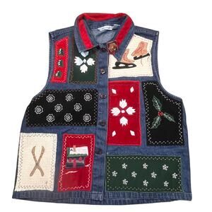 Vintage Dressbarn Denim Patchwork Vest Womens XL Holiday Western Cottagecore